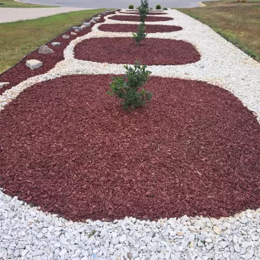hedge divider using red rubber mulch