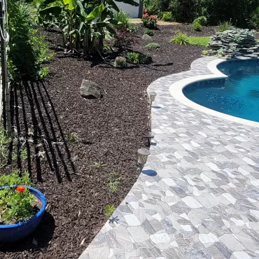 Pool with brown rubber mulch landscaping