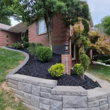 Black Rubber Mulch in Stone Retaining Wall