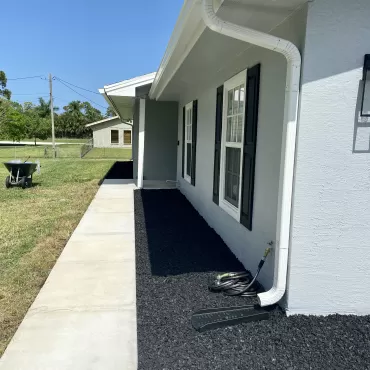 Black rubber mulch in beds in front of house