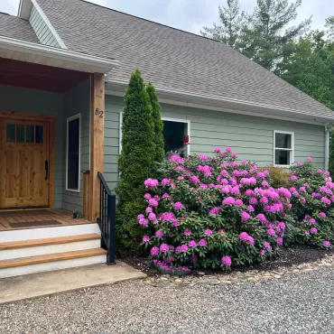 Brown rubber mulch in the front yard landscape beds