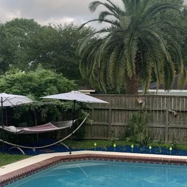 A pool with blue rubber mulch edging
