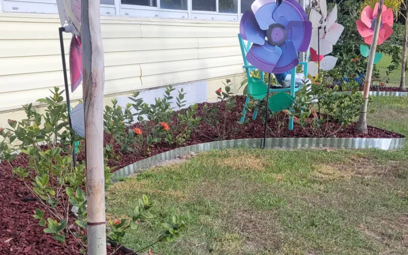 Red Rubber Mulch Garden Beds with Tin Edging