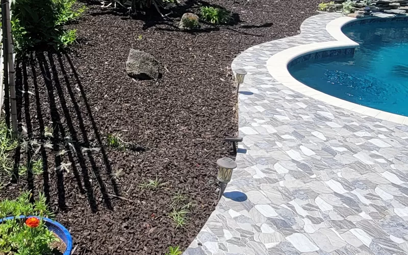 Pool with brown rubber mulch landscaping