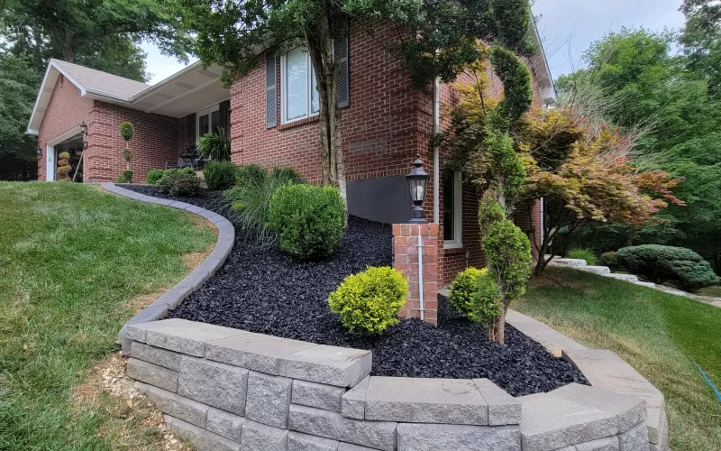 Black Rubber Mulch in Stone Retaining Wall