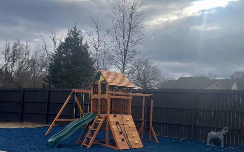Backyard playground with blue rubber mulch base
