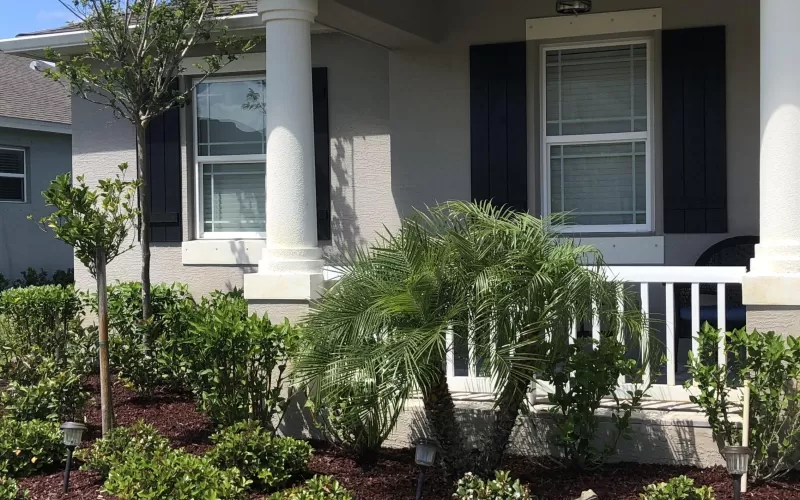 Home landscaping front yard project with rubber mulch