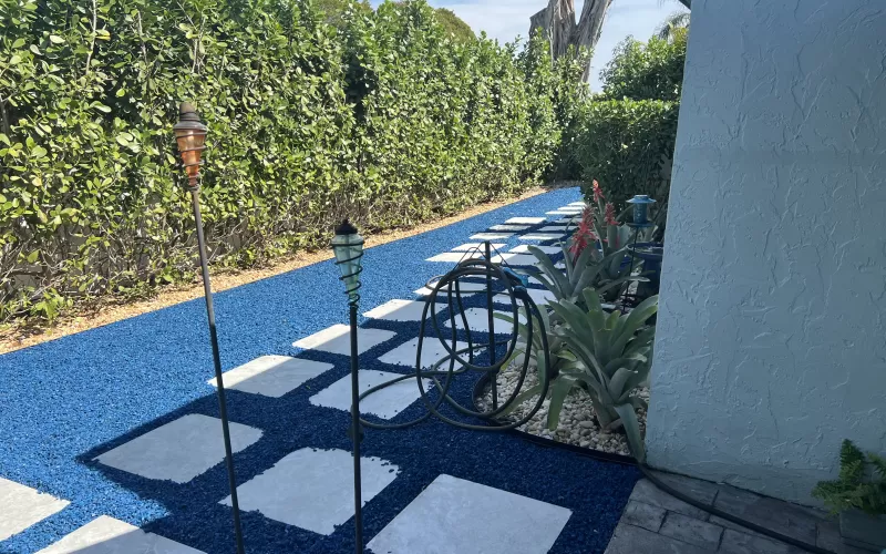 Stone paver path with blue rubber mulch surround