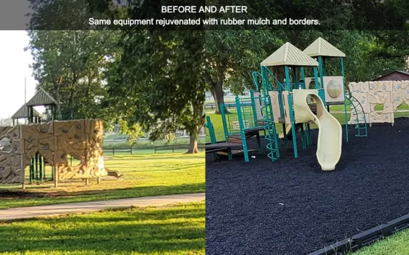 before and after putting rubber mulch and borders down on playground