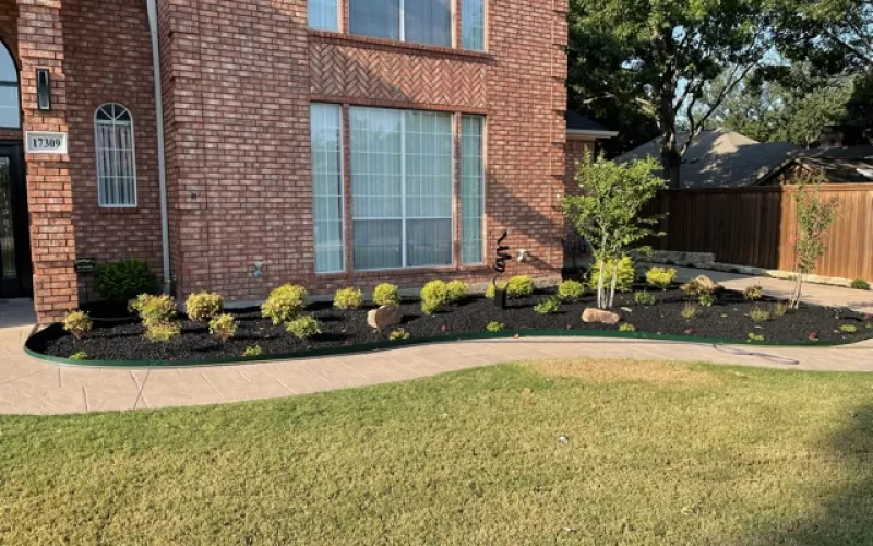 Black Rubber Mulch in Landscaping Bed Front of House
