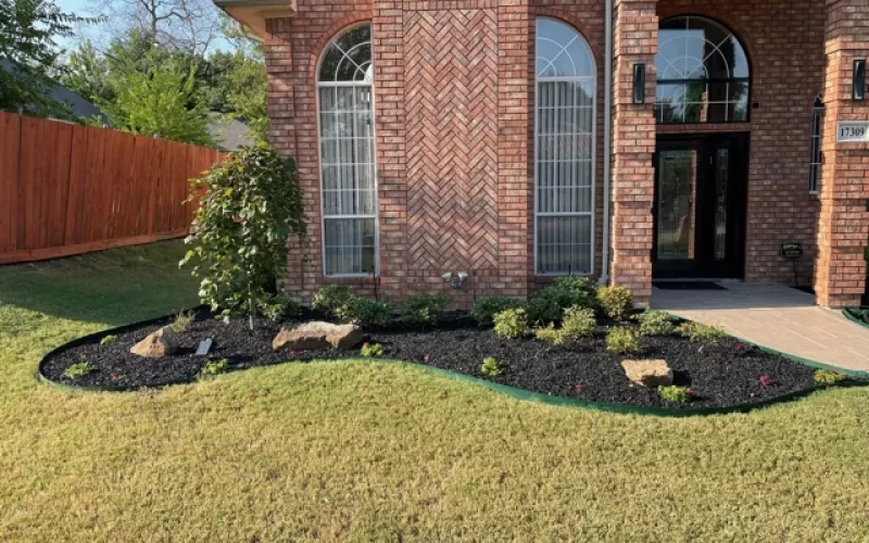 Black Rubber Mulch Landscaping Beds Flanking the Entrance