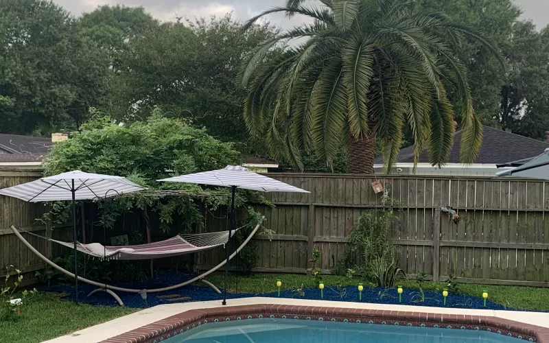A pool with blue rubber mulch edging