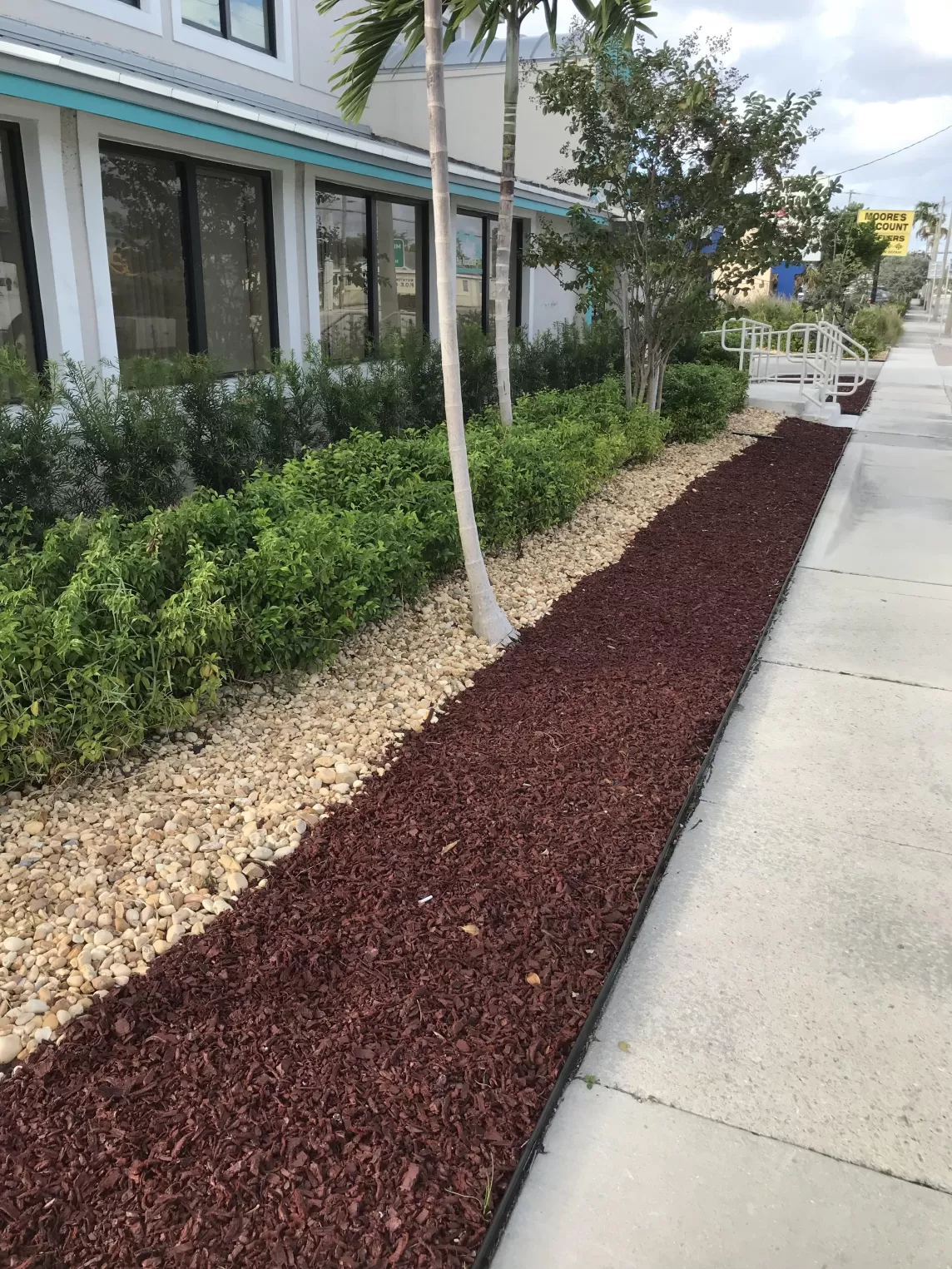Office building with red rubber mulch landscaping