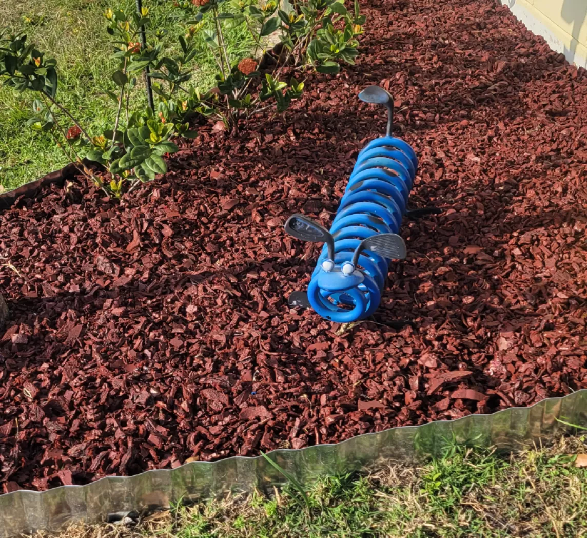 Red Rubber Mulch Landscaping with Blue Spring Sculpture