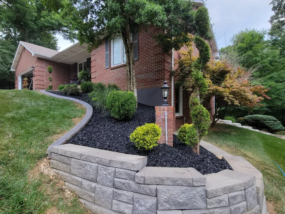 Black Rubber Mulch in Stone Retaining Wall