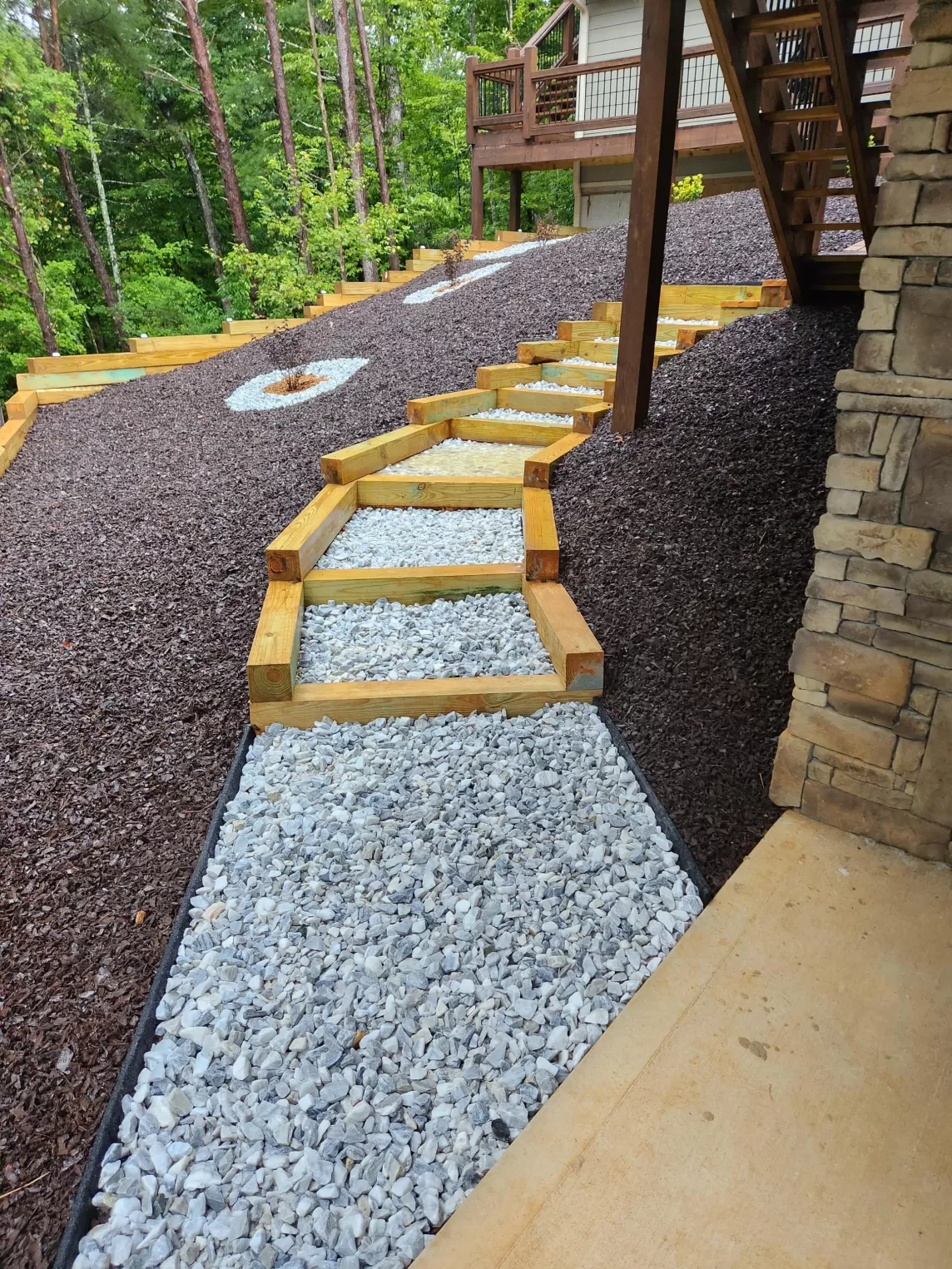 Backyard Pathway With Rubber Mulch Landscaping