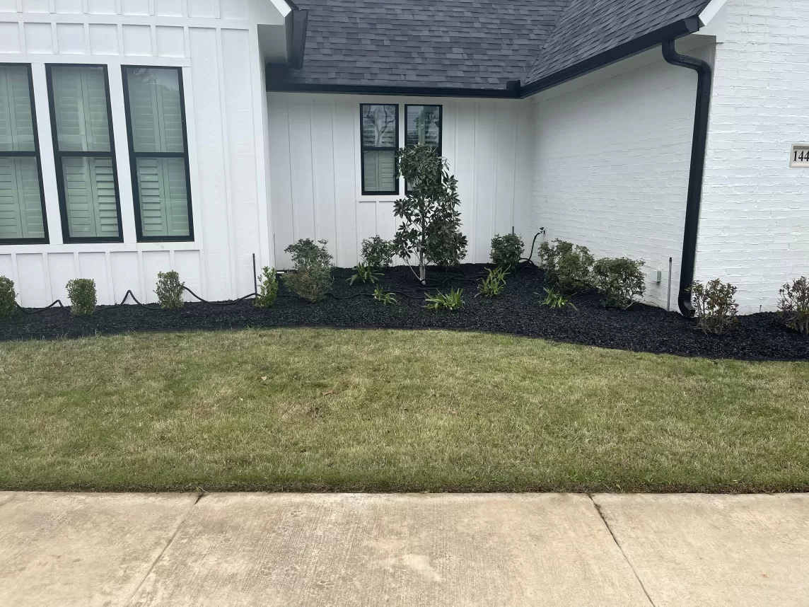 White House with Black Rubber Mulch Landscaping