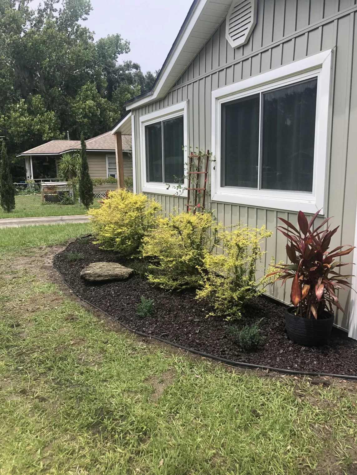 Garden bed in front yard with brown rubber mulch