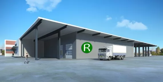 Rubber Mulch Warehouse rendering with a delivery truck.