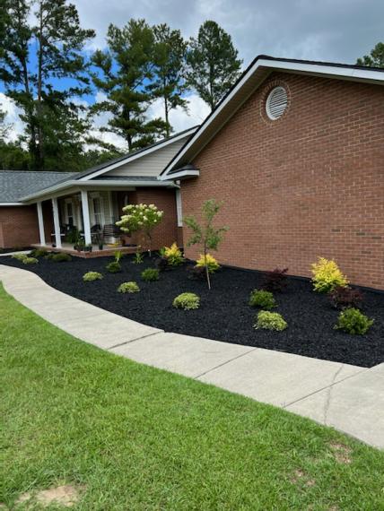 Brick house with black rubber mulch beds against house